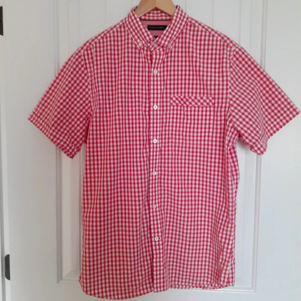 Banana Republic 100s 2-Ply Cotton Short Sleeve Button Down Red Check Size LT